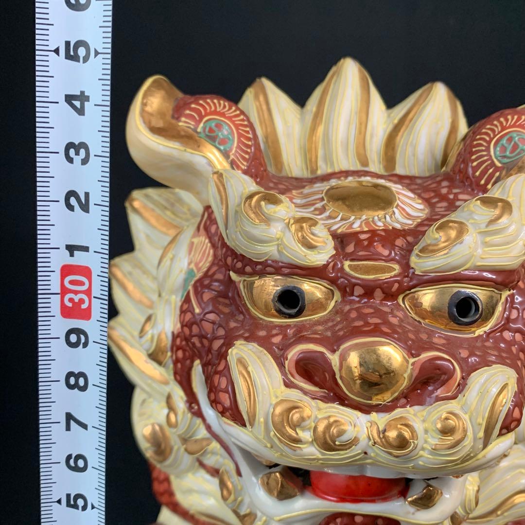 K767⭐︎九谷焼 迫力の特大サイズ 金蘭手 玉乗り獅子 高さ36センチ 魔除け