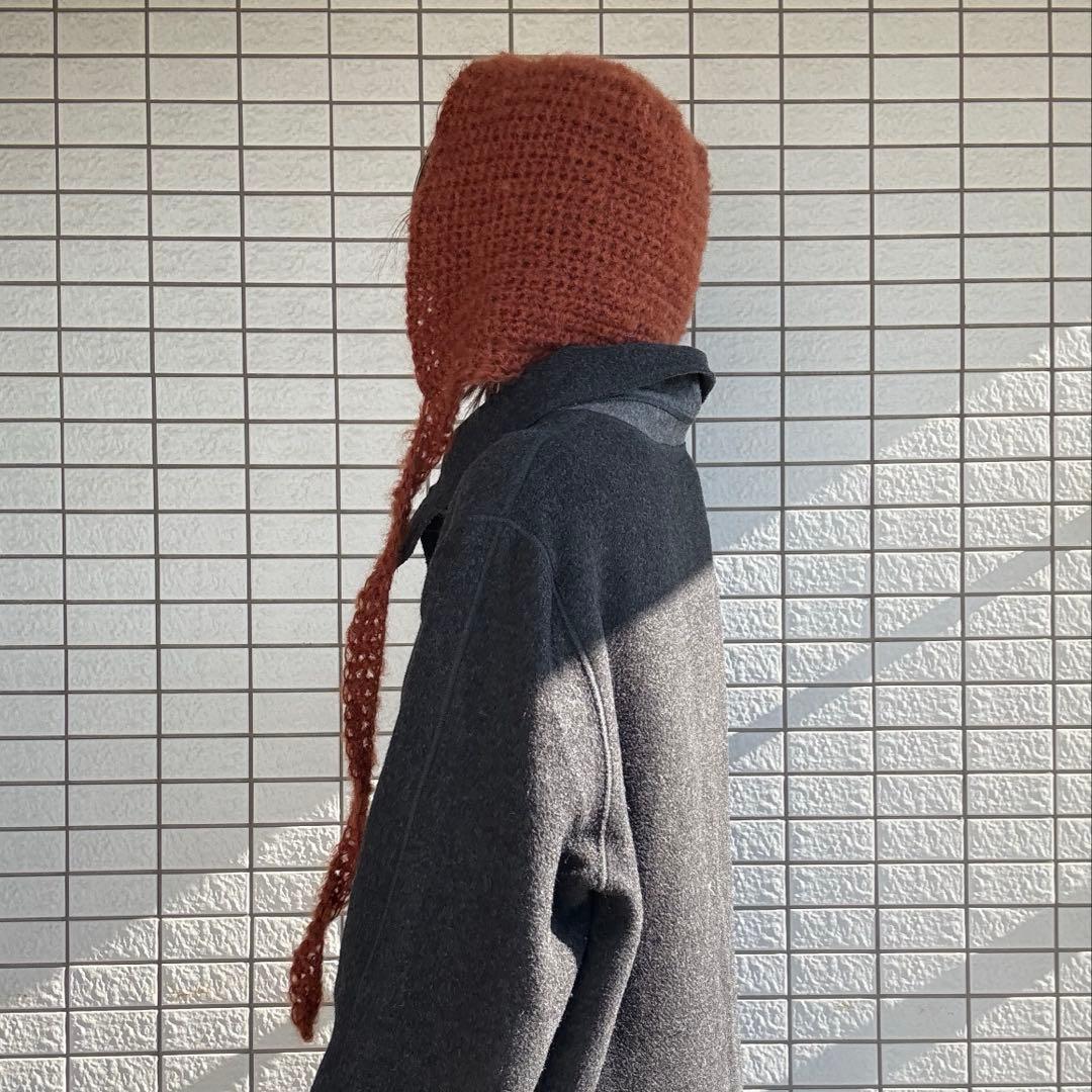 ハンドメイド　mohair ボンネット　ニット帽子　バラクラバ　フード　赤茶色