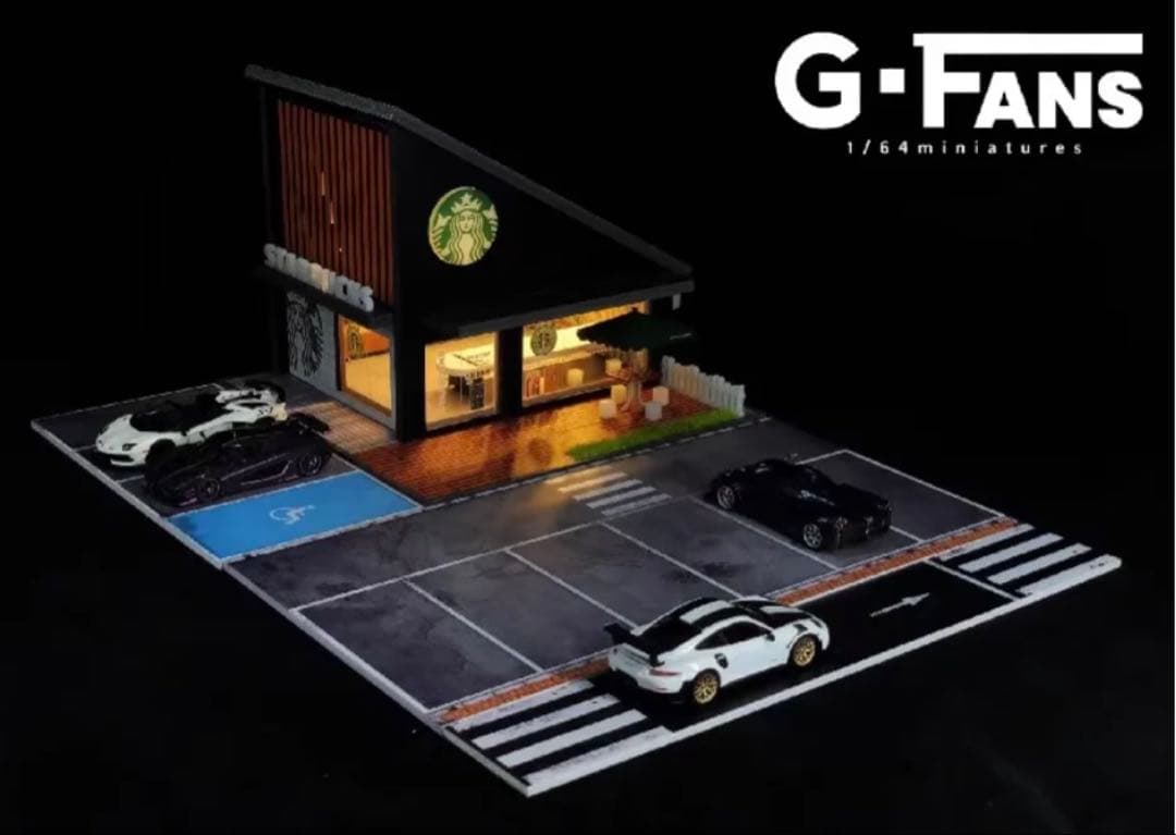 スターバックス ジオラマ 点灯 組立式　駐車場付き 1/64ミニカーガレージ