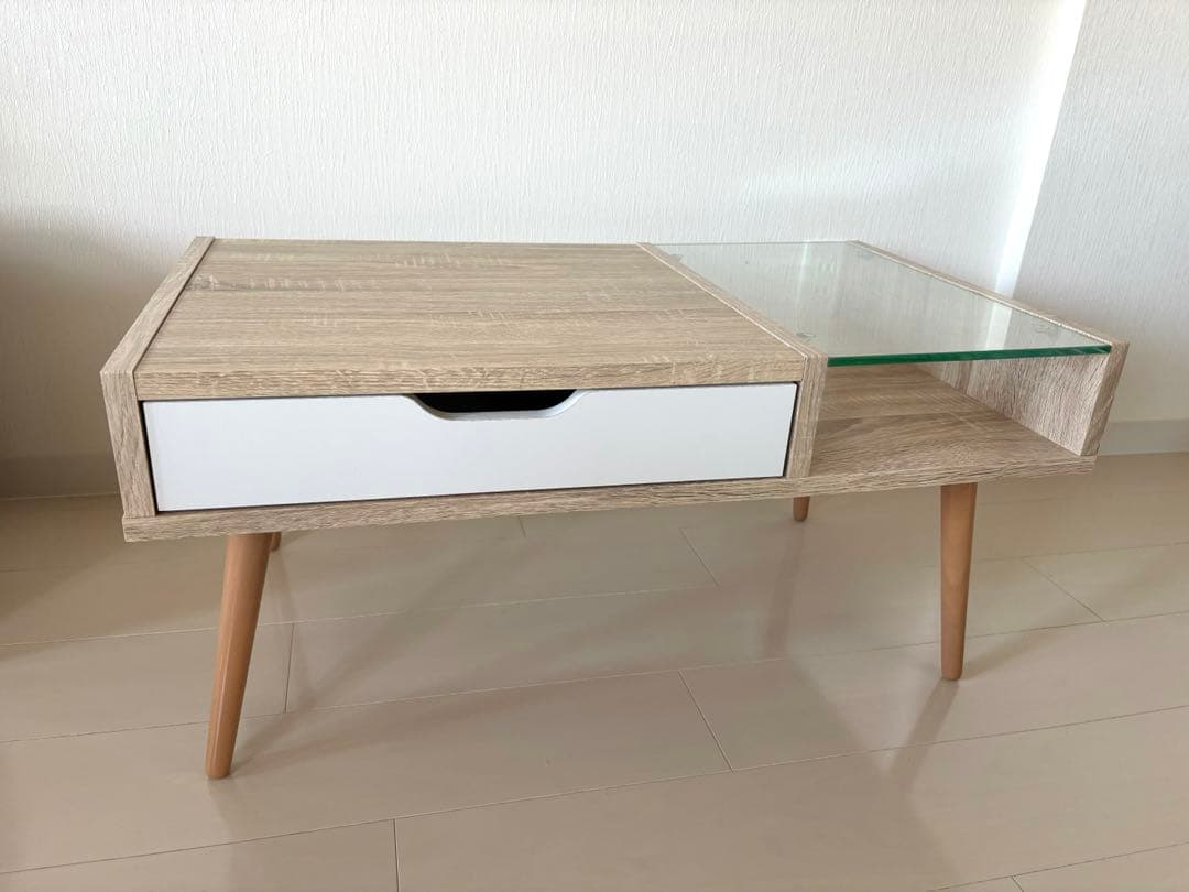 【美品】LOWYA 北欧ガラス天板ローテーブル リビングテーブル 収納付き