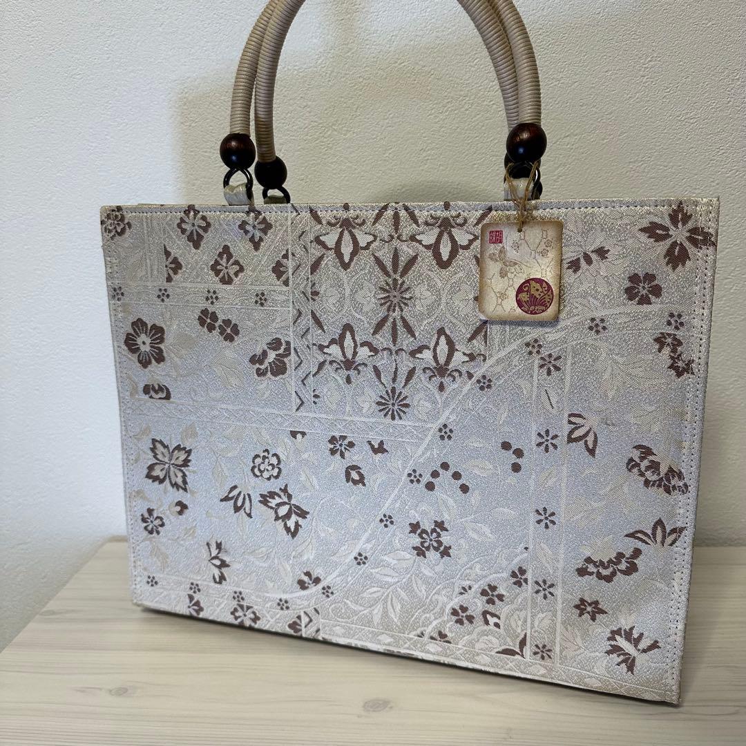【新品】日本製 小川　和装バッグ 木製ハンドル 花柄 ベージュ トートバッグ