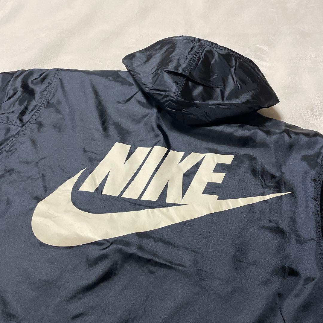 【90s】NIKE 銀タフード付きベンチコート ブラック 背中デカロゴ 美品