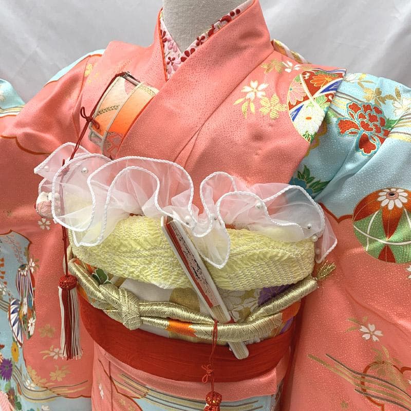 603ag12■七五三 七歳 女児 着物&袋帯&長襦袢 金駒刺繍 ピンク■美品