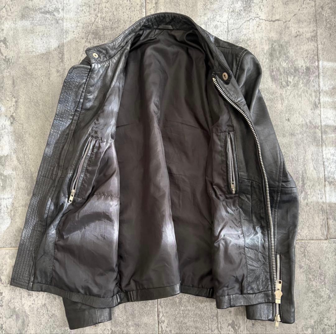 Echtes Leder シングルライダースジャケット ブラック スタンドカラー