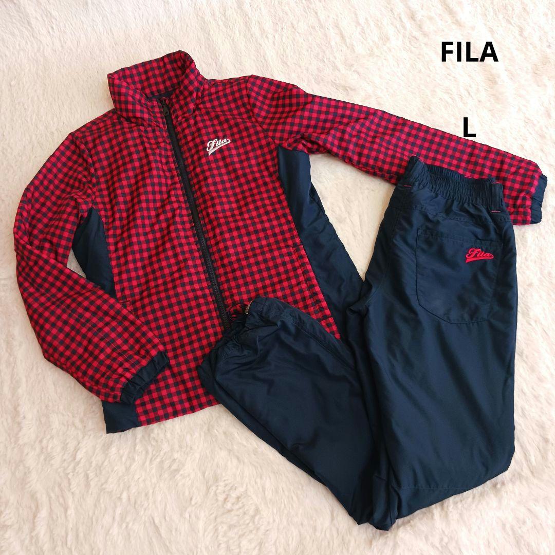 FILA 赤濃紺チェック フルジップジャケット上下　レディースL　中綿　軽量