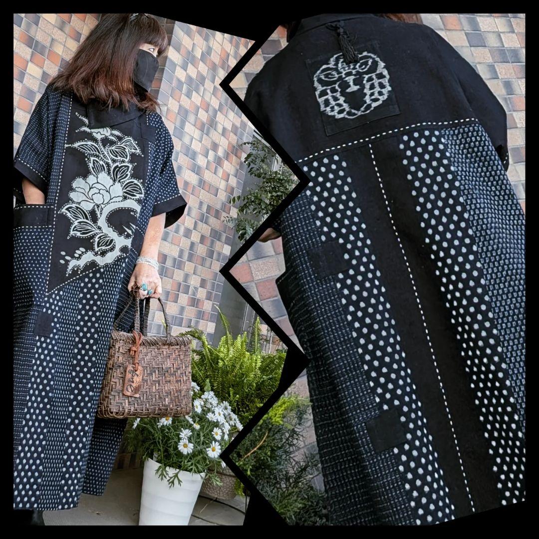 藍染牡丹柄♥古布リメイクワンピース　藍染古布合わせゆったりサイズ