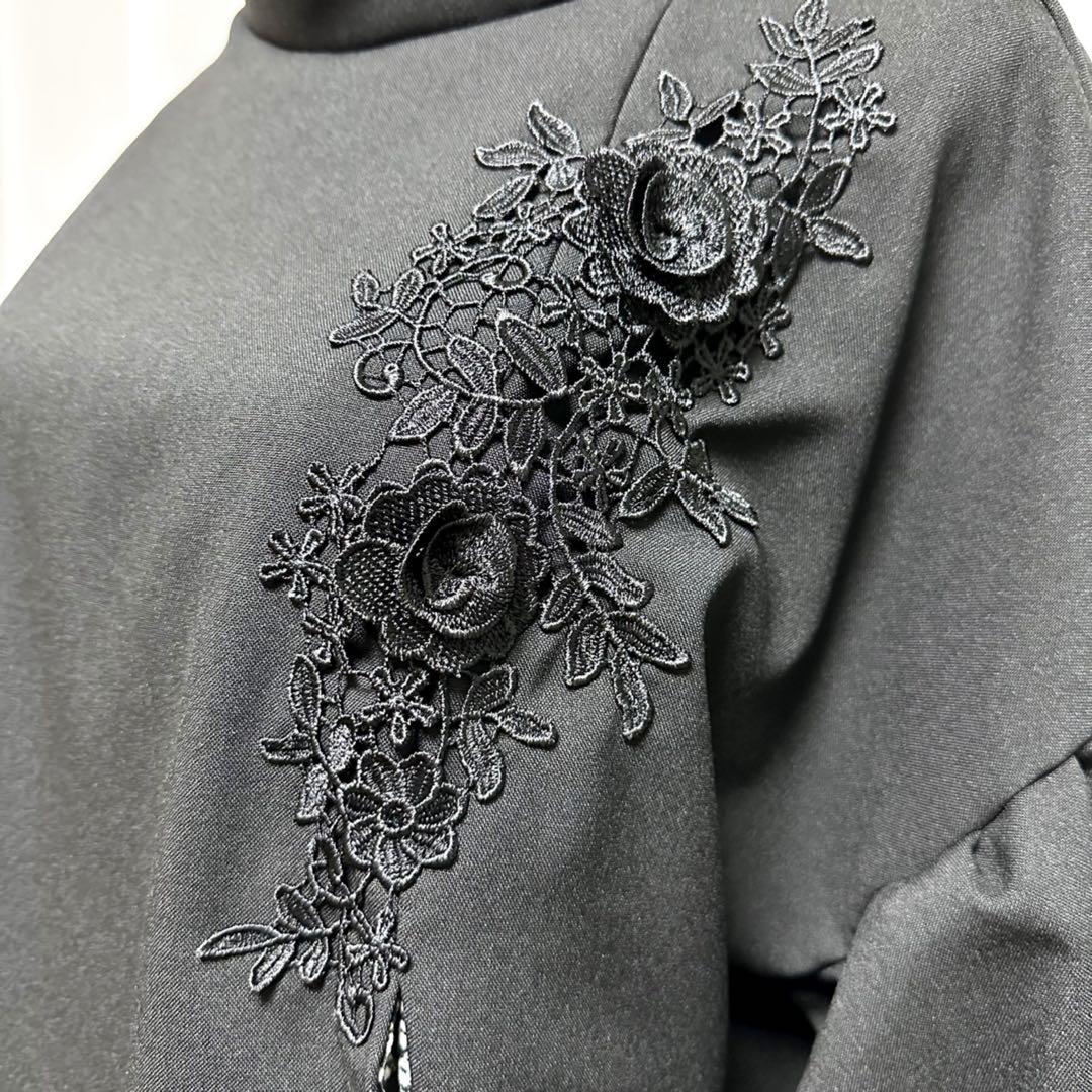 振袖　着物リメイク　ドレス　黒×モノクロ花　和柄　ワンピース　ハンドメイド