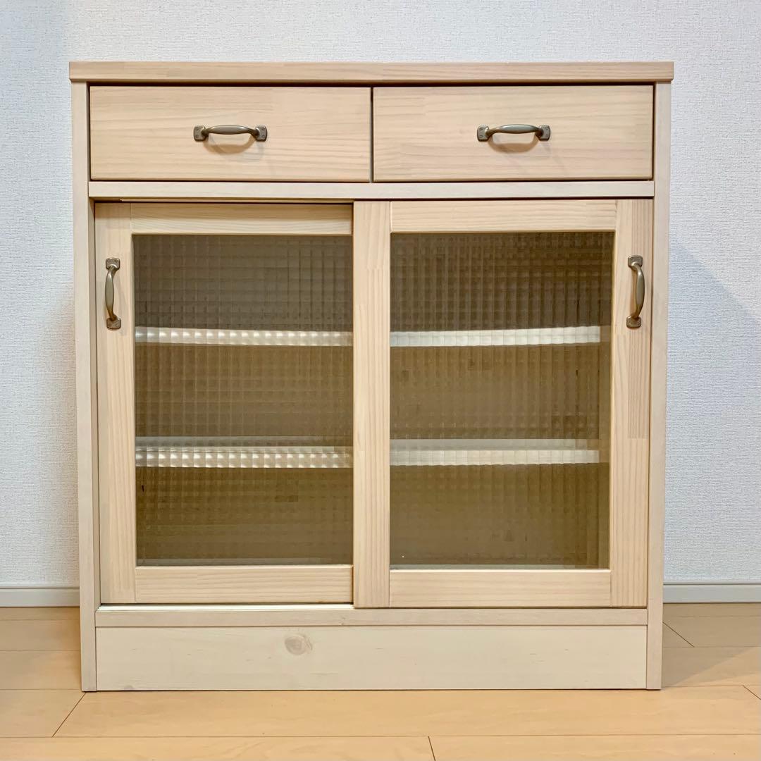 木製収納キャビネット 2引き出し ガラス扉付き