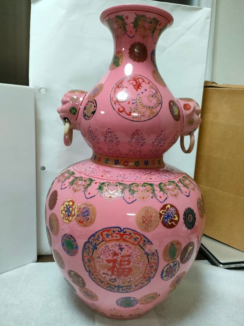 中国美術 古玩 大清乾隆年製　壺　瓢箪形　　福寿　縁起物　陶器　置物　色絵
