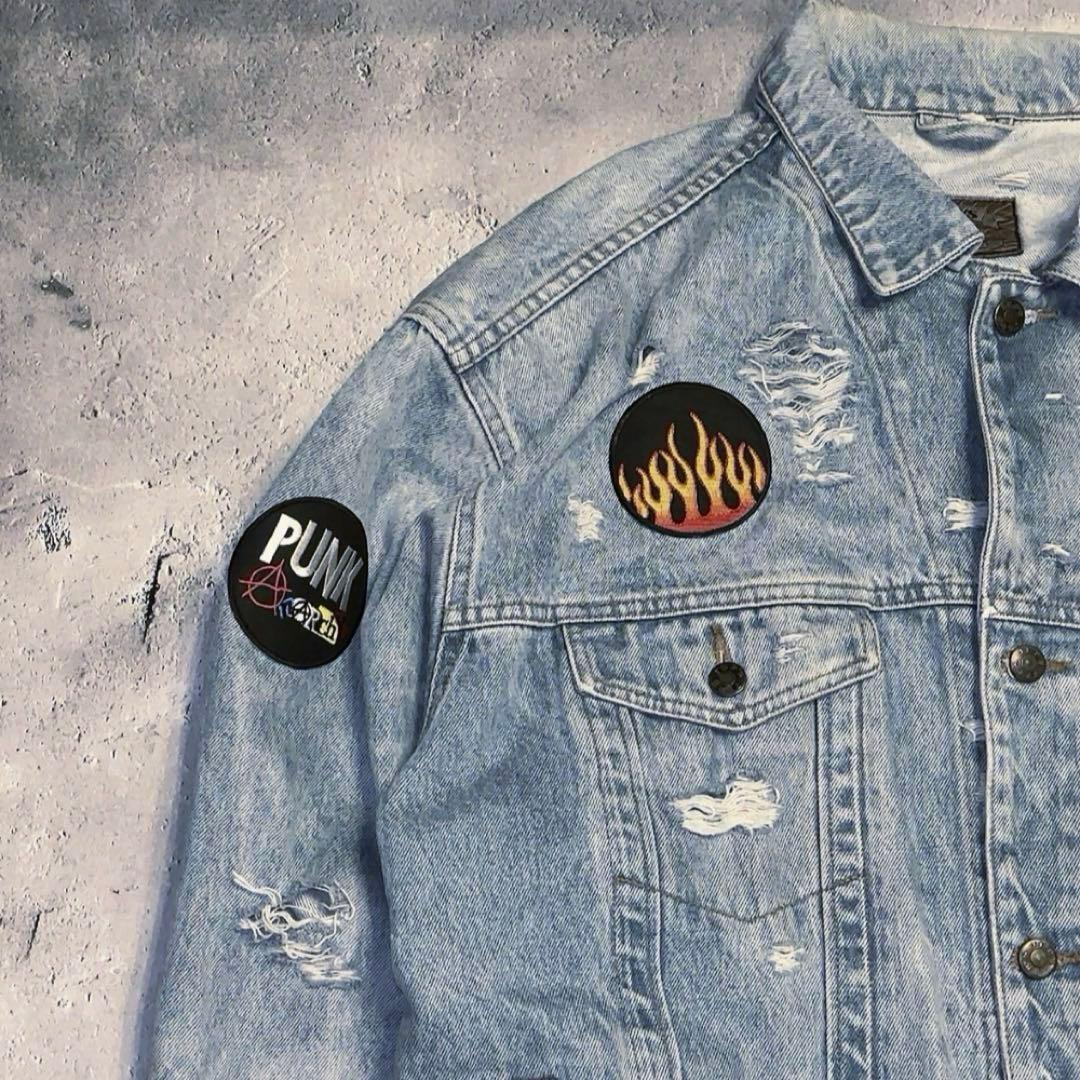 90s Y2K vintageスカル 炎 デニムジャケット ワッペン アメカジ