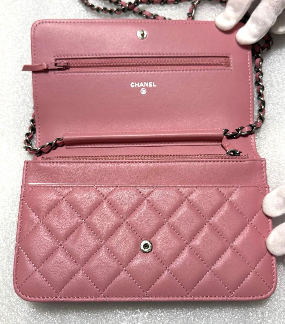 【美品】シャネル ボーイシャネル チェーンウォレット ピンク ラムスキン