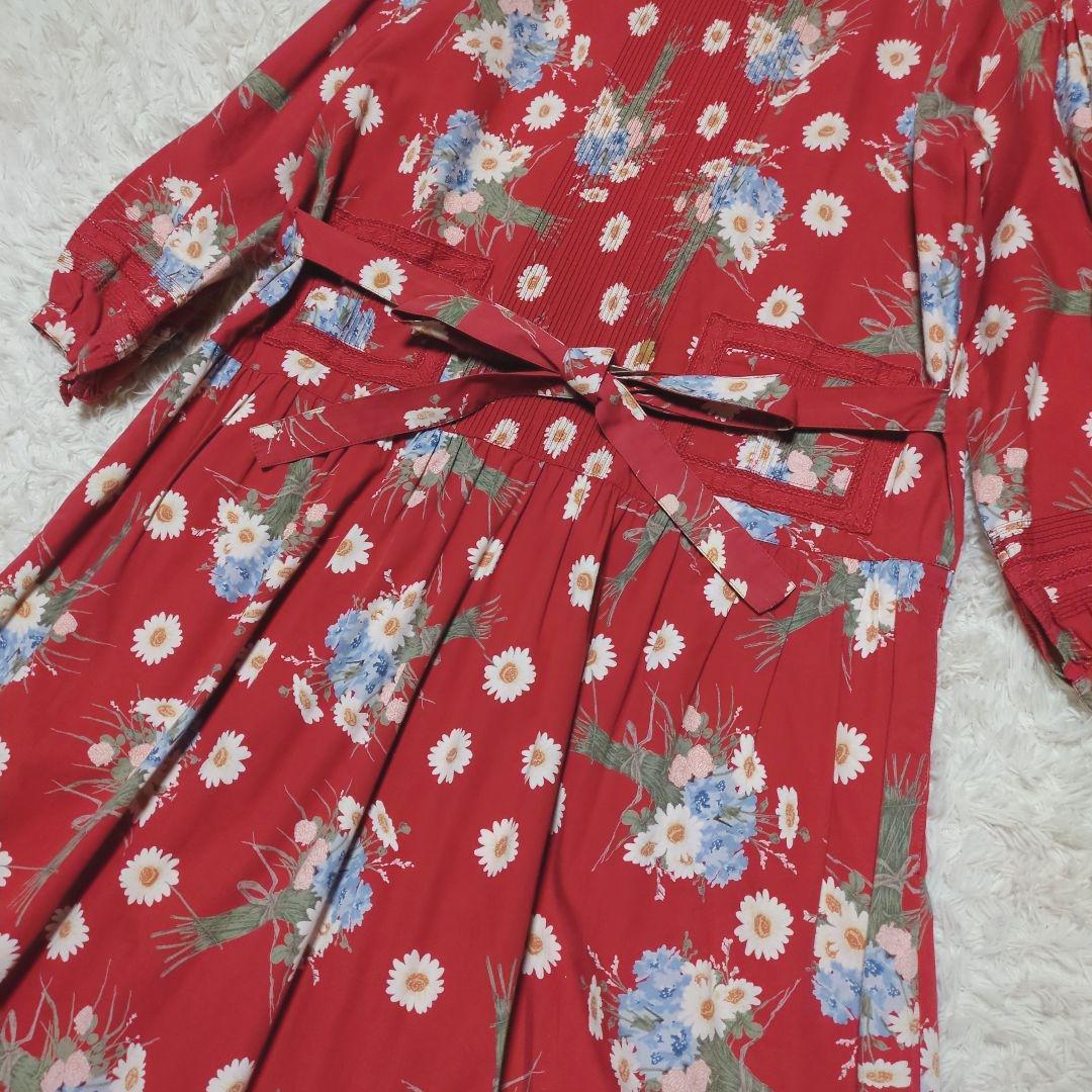 美品！PINK HOUSE　花柄フリルロングワンピース　赤　Aライン