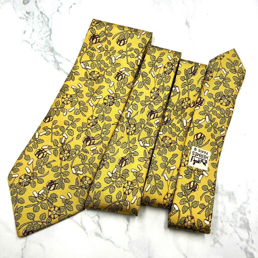 ◆美品◆HERMES エルメス ネクタイ 黄色 植物柄 オシャレ