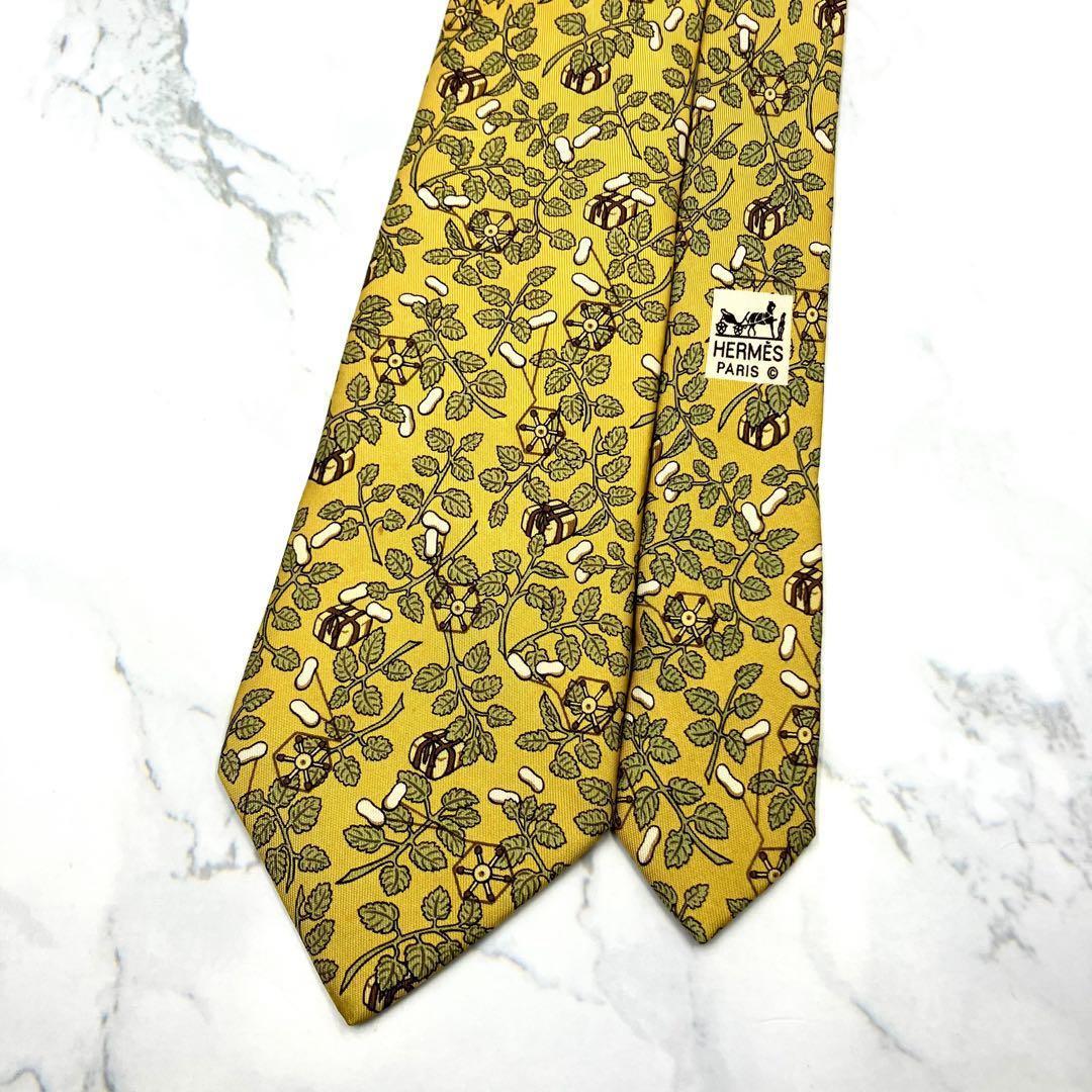 ◆美品◆HERMES エルメス ネクタイ 黄色 植物柄 オシャレ