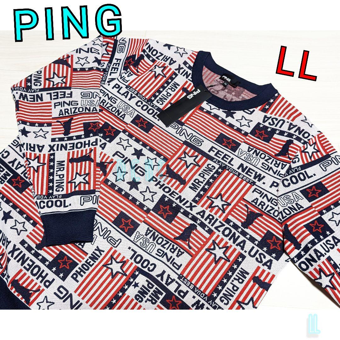 新品 【ＬＬ】【レッド】ピン 長袖 クールネックニットゴルフウェア