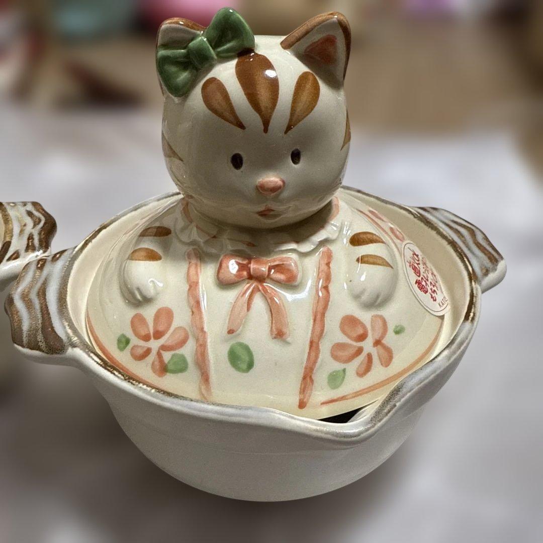 【KATO KOGEI】 加藤工芸 うさぎ 猫 蓋付き土鍋 昭和/平成レトロ