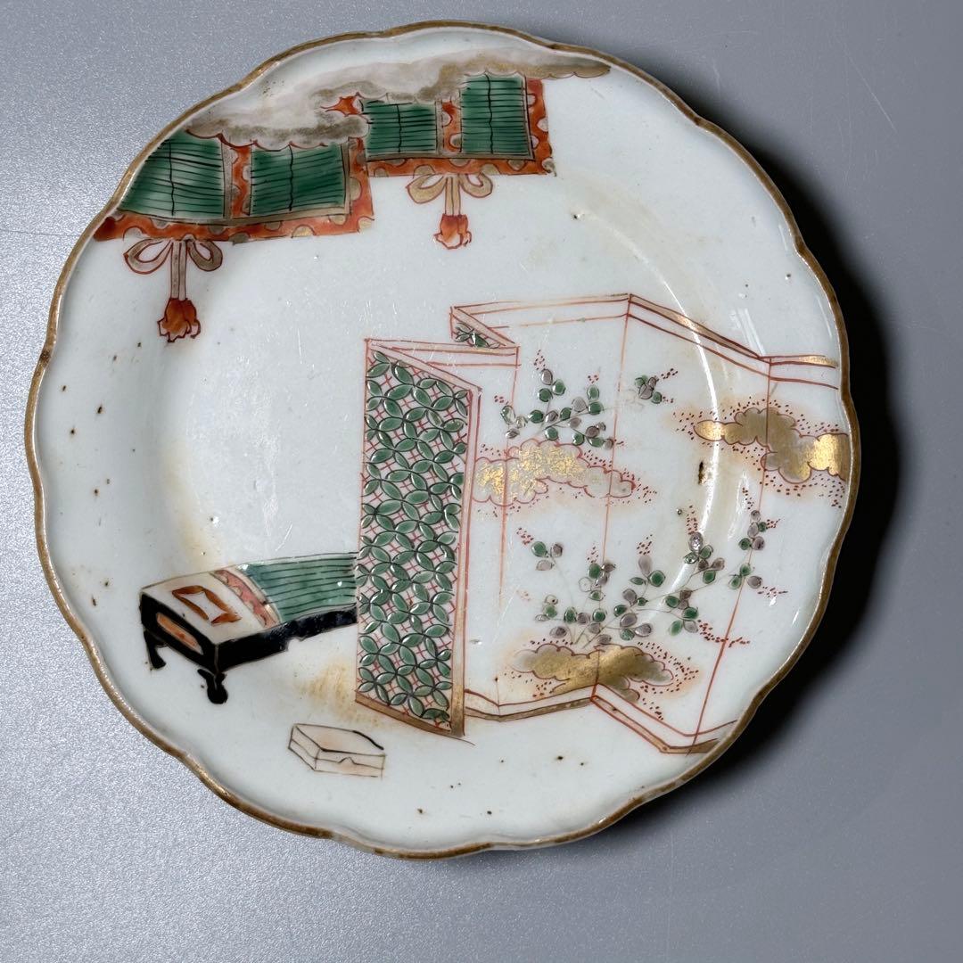 江戸後期〜明治　古伊万里　色絵屏風文様輪花形五寸皿　五枚　15.6cm　料理屋